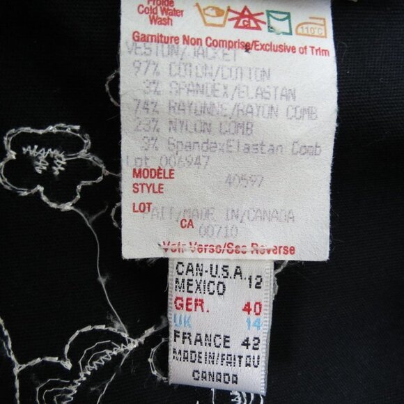 JOSEPH RIBKOFF Women's Black White Embroidered Zip Front Jacket 12 Contrast Cuff - Picture 6 of 10